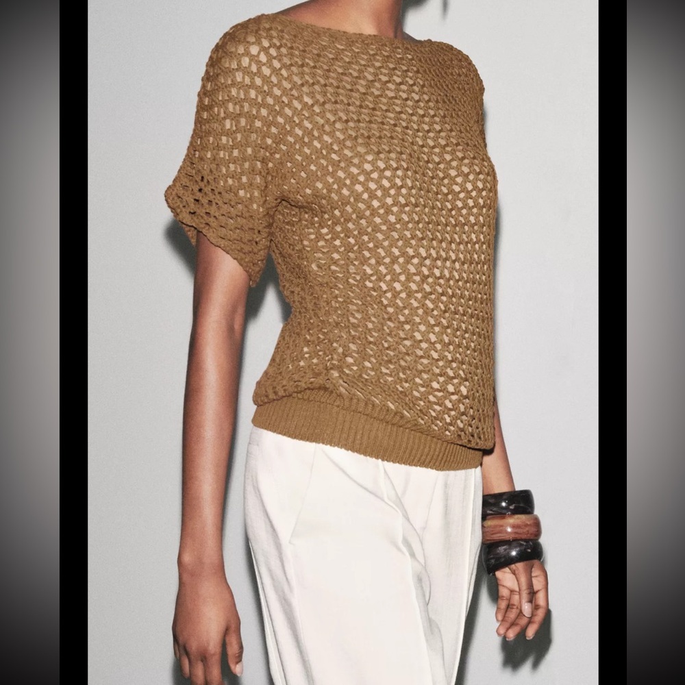 Zara Tan Open-Knit Short Sleeve Top